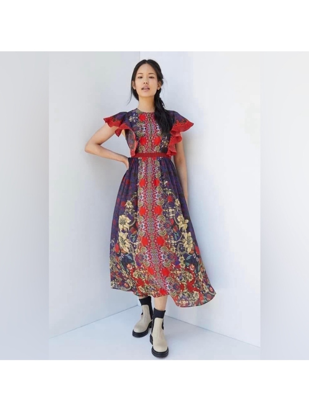 Red & Purple Floral Ruffle-Sleeve Midi Dress